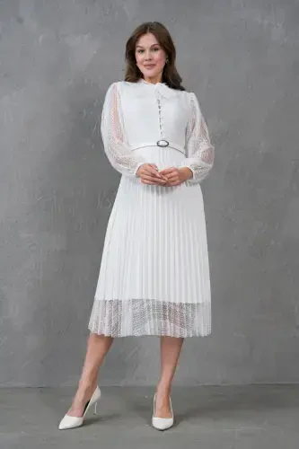 Pilise Detayli Kamarli Dizayn Uzun Yengli Oq Dantelli Kechki Libos 57834-BEYAZ - 7