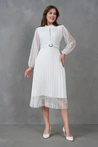 Pilise Detayli Kamarli Dizayn Uzun Yengli Oq Dantelli Kechki Libos 57834-BEYAZ - 8