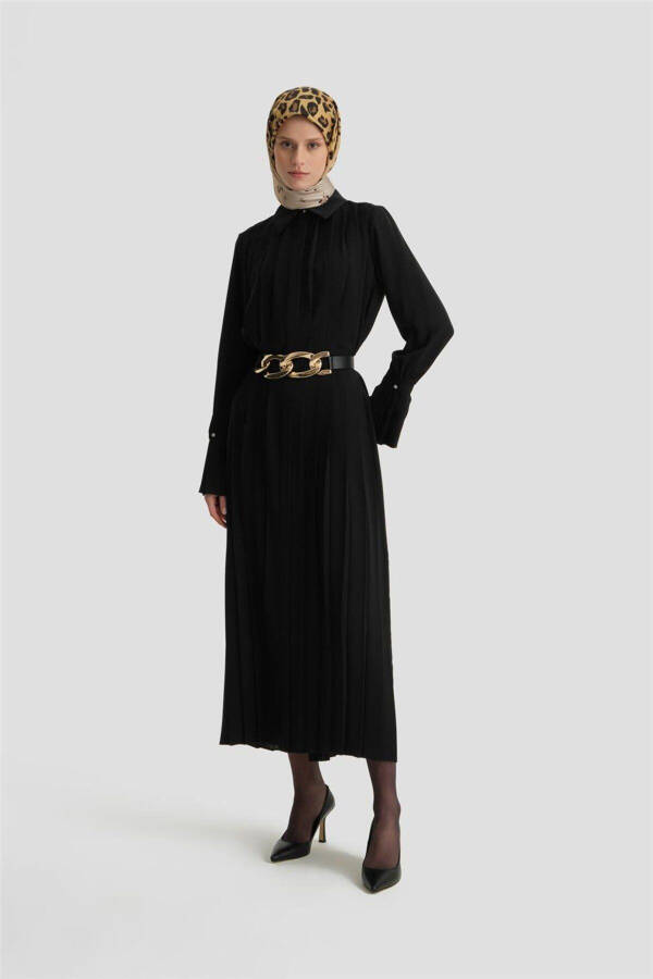 Piliseli Gömlek Elbise 24k9904 Siyah-SİYAH - 2