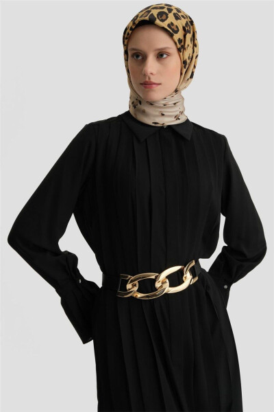 Piliseli Gömlek Elbise 24k9904 Siyah-SİYAH - 3