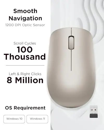 Lenovo 530 Wireless Mouse with Battery, 2.4GHz Nano USB, 1200 DPI Optical Sensor, Ergonomic for Left or Right Hand, Lightweight, GY50Z18988, Almond - 3