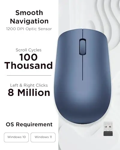 Lenovo 530 Wireless Mouse with Battery, 2.4GHz Nano USB, 1200 DPI Optical Sensor, Ergonomic for Left or Right Hand, Lightweight, GY50Z18986, Abyss Blue - 3