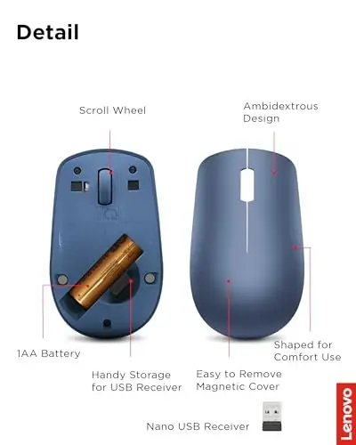 Lenovo 530 Wireless Mouse with Battery, 2.4GHz Nano USB, 1200 DPI Optical Sensor, Ergonomic for Left or Right Hand, Lightweight, GY50Z18986, Abyss Blue - 6
