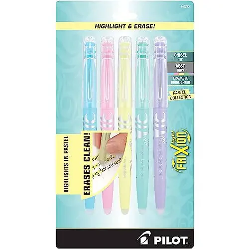PILOT, FriXion Light Pastel Ўчириладиган маркерлар, Кескич уч, 5 дона, Пастел мовий, пушти, сариқ, яшил ва бинафша - 2
