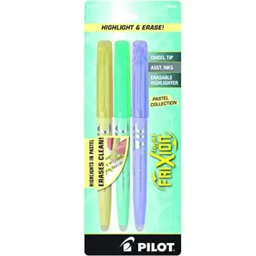 Pilot, FriXion Light Pastel Erasable Highlighters, Chisel Tip, Pack of 3, Pastel Yellow, Green & Purple 