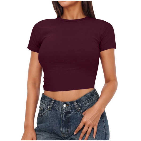 pimelu Summer Tops For Women Trendy Women's Basic Short Sleeve Round Neck Crop Top Summer Casual Plain Crop Tops T-Shirt Tee for Juniors Girls - PIMELU (1)