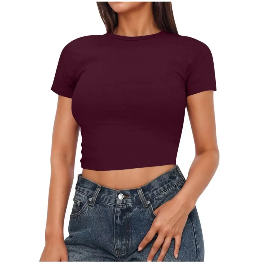 pimelu Summer Tops For Women Trendy Women's Basic Short Sleeve Round Neck Crop Top Summer Casual Plain Crop Tops T-Shirt Tee for Juniors Girls - 2