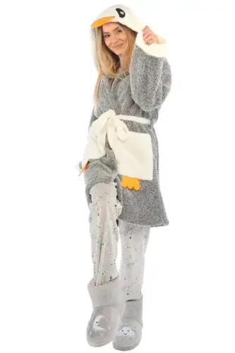 Пингвинли нақшли капюшонли велсофт халат - 5