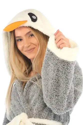 Пингвинли нақшли капюшонли велсофт халат - 6