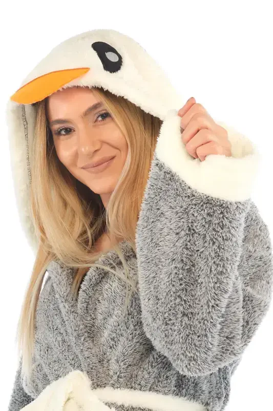 Пингвинли нақшли капюшонли велсофт халат - 6