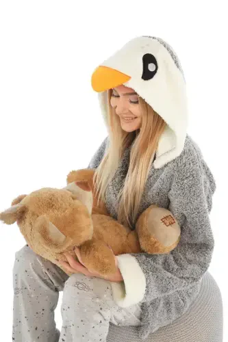 Пингвинли нақшли капюшонли велсофт халат - 7