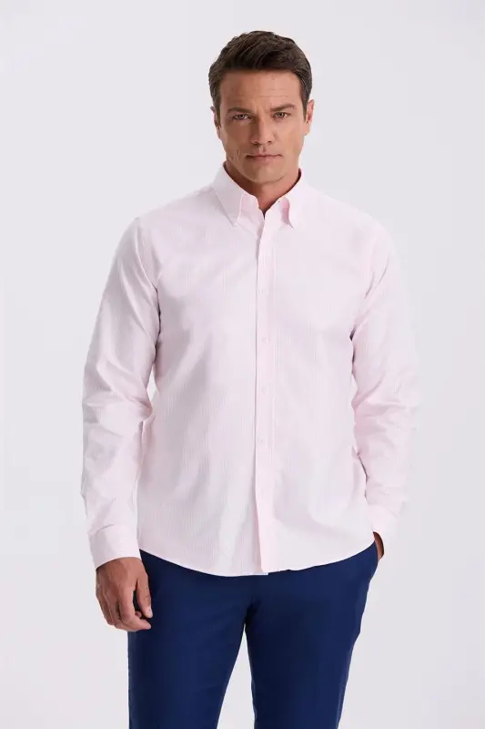Pink 100% Cotton Button-Down Collar Comfort Fit Shirt - Modazone