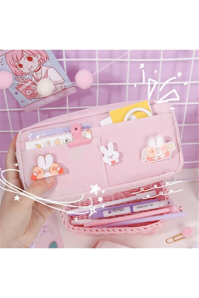 Pink 3 Badge School Student Pencil Case Functional Stationery Pencil Box - BLUOKSWEET