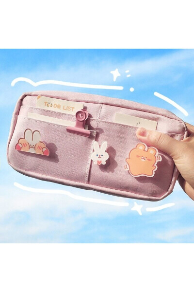Pink 3 Badge School Student Pencil Case Functional Stationery Pencil Box - BLUOKSWEET (1)