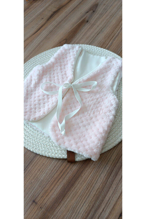 Pink Arya fabric, cotton lining, ribbon front baby girl newborn vest. - 5