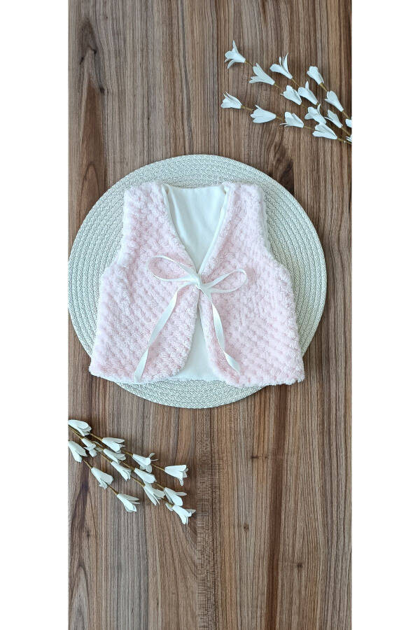 Pink Arya fabric, cotton lining, ribbon front baby girl newborn vest. - 6