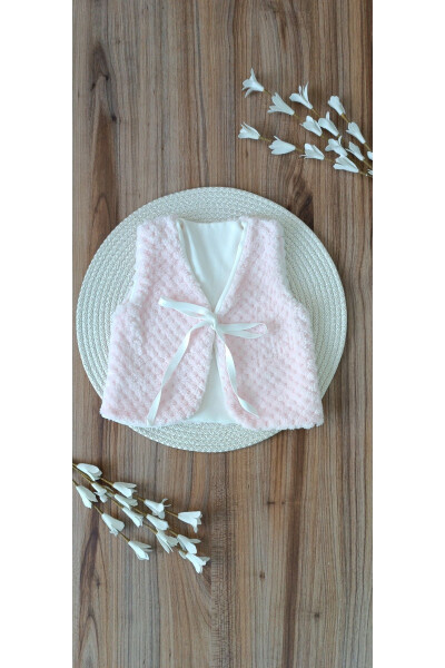 Pink Arya fabric, cotton lining, ribbon front baby girl newborn vest. - 7