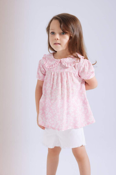 Pink Baby Girl Short Sleeve Blouse with Large Collar Crinkle Viscose Pattern - 1