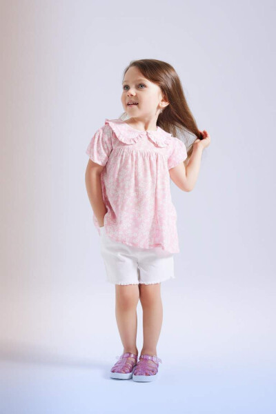 Pink Baby Girl Short Sleeve Blouse with Large Collar Crinkle Viscose Pattern - 2