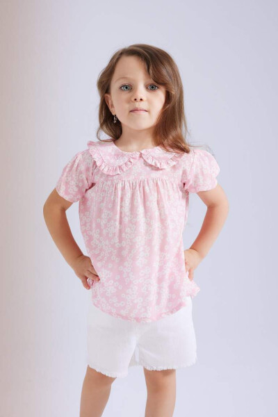 Pink Baby Girl Short Sleeve Blouse with Large Collar Crinkle Viscose Pattern - 3