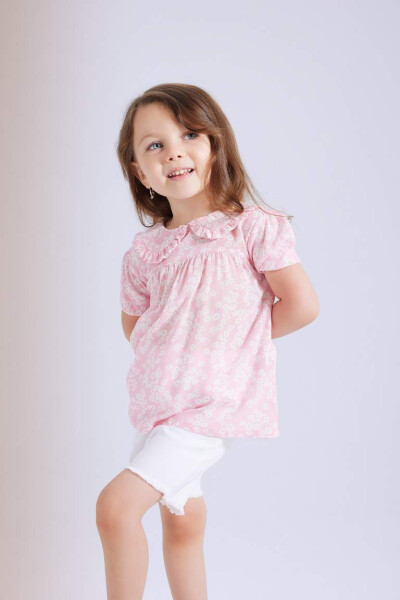 Pink Baby Girl Short Sleeve Blouse with Large Collar Crinkle Viscose Pattern - 4