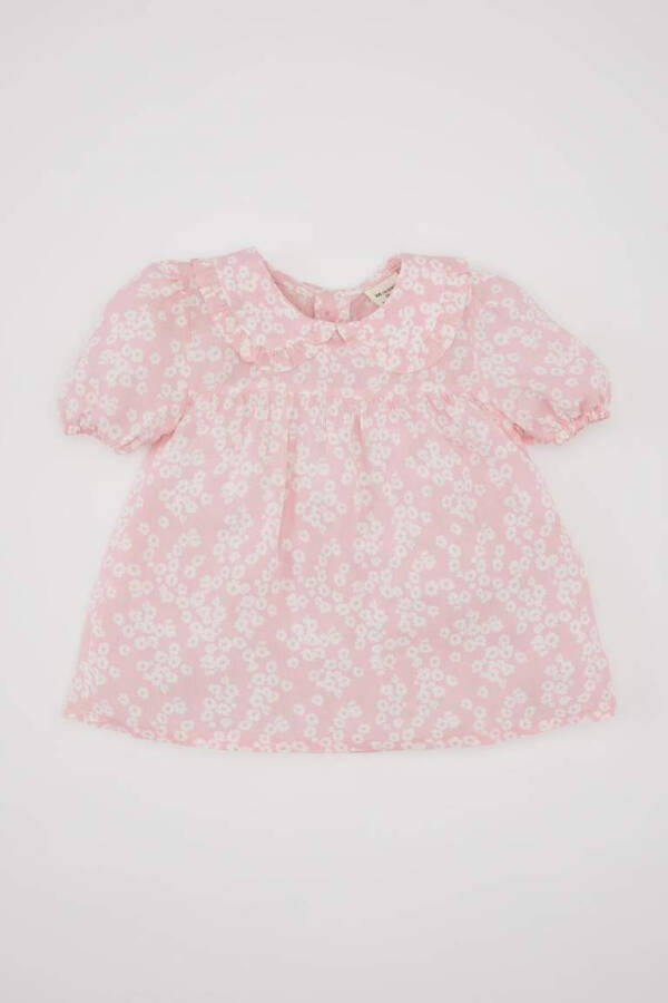 Pink Baby Girl Short Sleeve Blouse with Large Collar Crinkle Viscose Pattern - 5