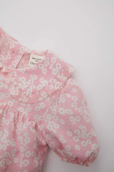 Pink Baby Girl Short Sleeve Blouse with Large Collar Crinkle Viscose Pattern - 6