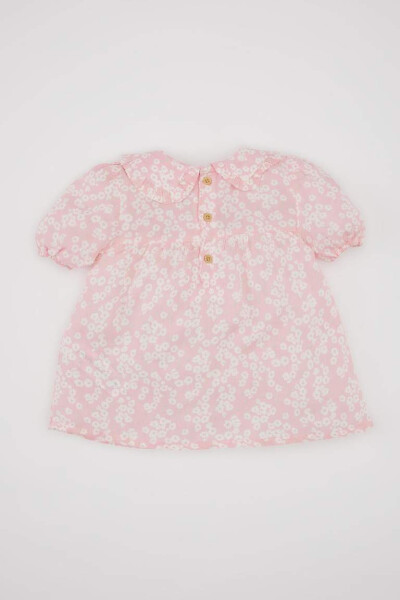 Pink Baby Girl Short Sleeve Blouse with Large Collar Crinkle Viscose Pattern - 8