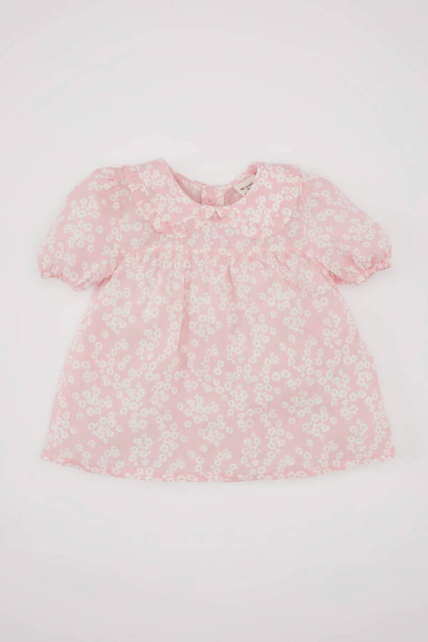 Pink Baby Girl Short Sleeve Blouse with Large Collar Crinkle Viscose Pattern - 9