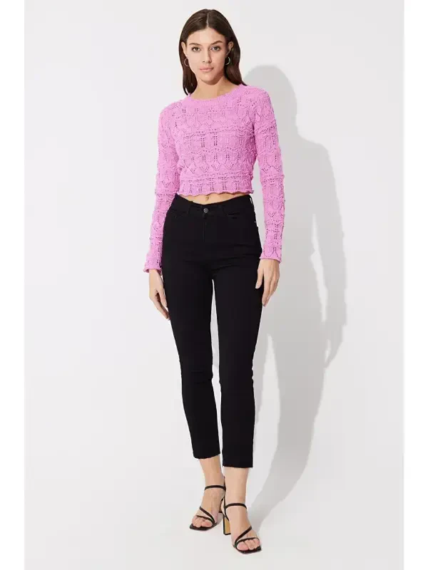 Pink Backless Crew Neck Knit Sweater - 2