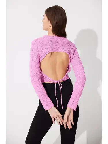 Pink Backless Crew Neck Knit Sweater - 4