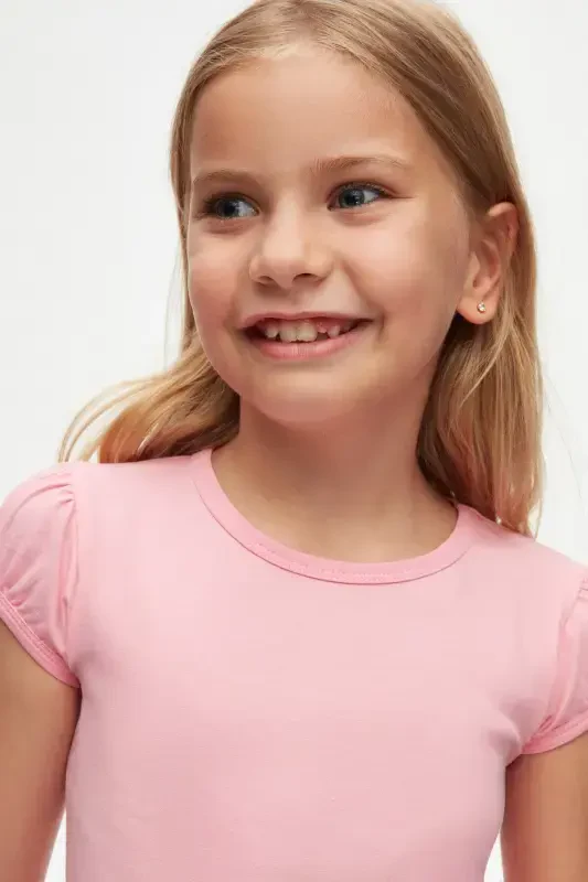 Pink Basic Girls Crew Neck Watermelon Sleeve T-shirt-PEONY PINK - 3