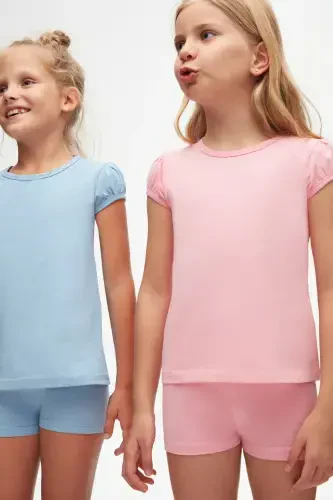 Pink Basic Girls Crew Neck Watermelon Sleeve T-shirt-PEONY PINK - 5