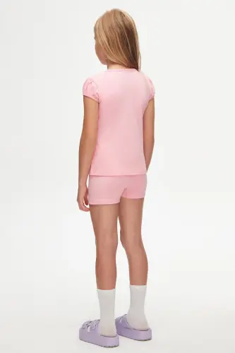 Pink Basic Girls Crew Neck Watermelon Sleeve T-shirt-PEONY PINK - 4