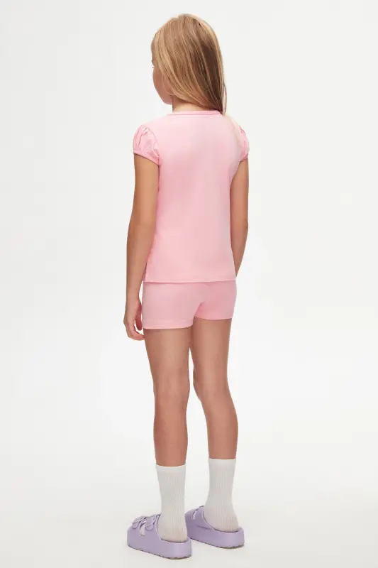 Pink Basic Girls Crew Neck Watermelon Sleeve T-shirt-PEONY PINK - 4