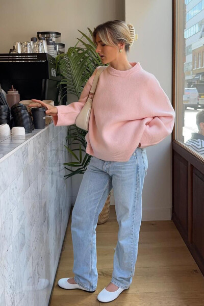 Pink Bicycle Neck Oversize Knit Sweater Mg1972 - 7