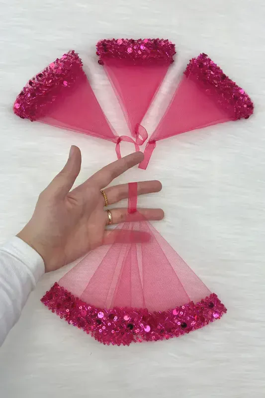 Pink Bridal Handkerchief, Halay Handkerchief, Elegant Water Stone Sequined Beaded Sequin - SADECEMENDILSUTASLIZARIFPEMBE - 4