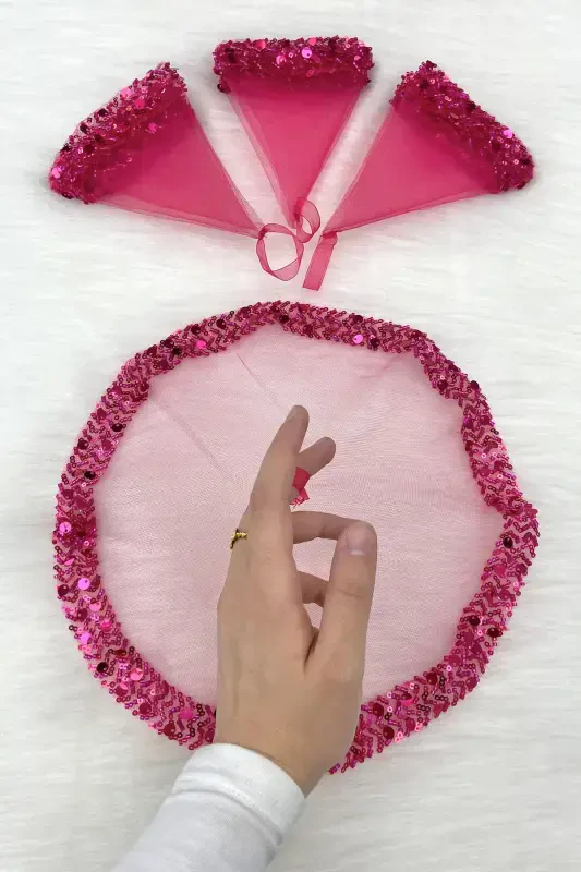 Pink Bridal Handkerchief, Halay Handkerchief, Elegant Water Stone Sequined Beaded Sequin - SADECEMENDILSUTASLIZARIFPEMBE - 5