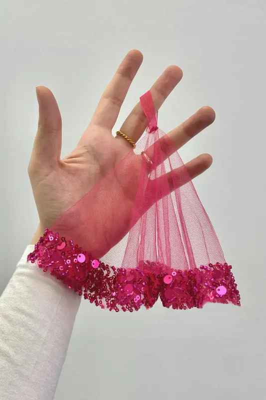 Pink Bridal Handkerchief, Halay Handkerchief, Elegant Water Stone Sequined Beaded Sequin - SADECEMENDILSUTASLIZARIFPEMBE - 2