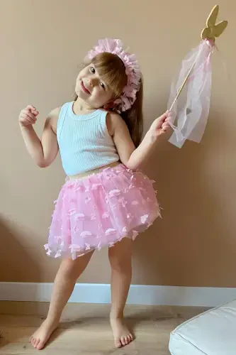 Pink Butterfly Appliqued Girl Tulle Skirt - Pauline-Pink - 1