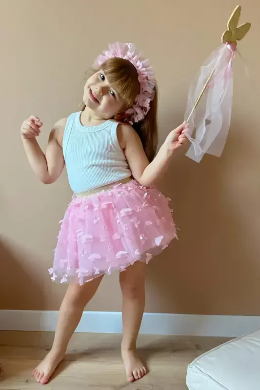 Pink Butterfly Appliqued Girl Tulle Skirt - Pauline-Pink - LE MABELLE