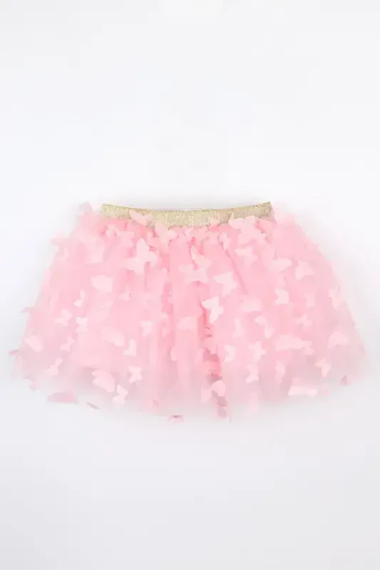 Pink Butterfly Appliqued Girl Tulle Skirt - Pauline-Pink - 3
