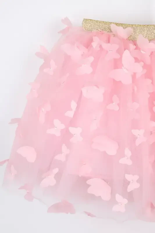 Pink Butterfly Appliqued Girl Tulle Skirt - Pauline-Pink - 4