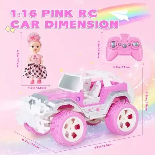 Pink Cars 1: 16 Scale RC Jeep with Doll - Remote Control Car for Girls | 80-Minute Playtime | 2.4GHz All-Terrain Truck for 4-5 6-7 8-10 Years Old,ox14 - 2