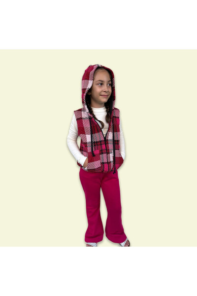 Pink Checkered Hooded Girl Vest - 10