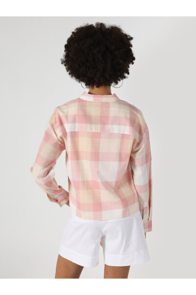 Pink, checkered, long-sleeved, pocket women's shirt - 2