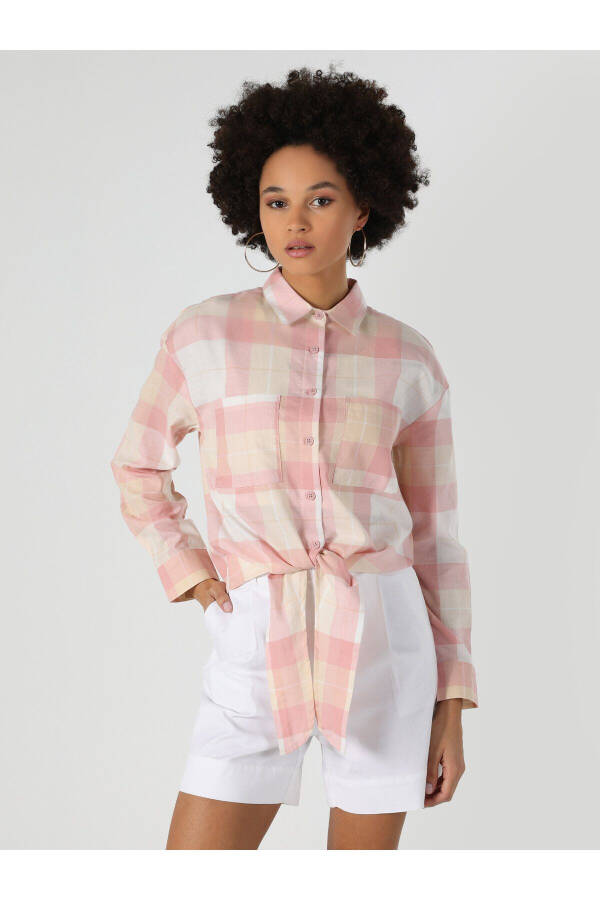 Pink, checkered, long-sleeved, pocket women's shirt - 4