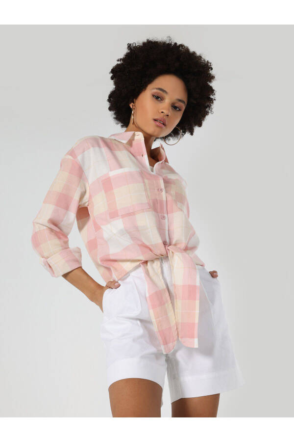 Pink, checkered, long-sleeved, pocket women's shirt - 5