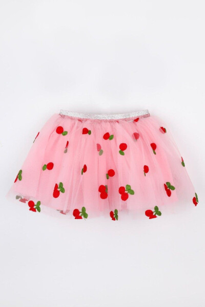 Pink Cherry Embroidered Girls Tulle Skirt - 5