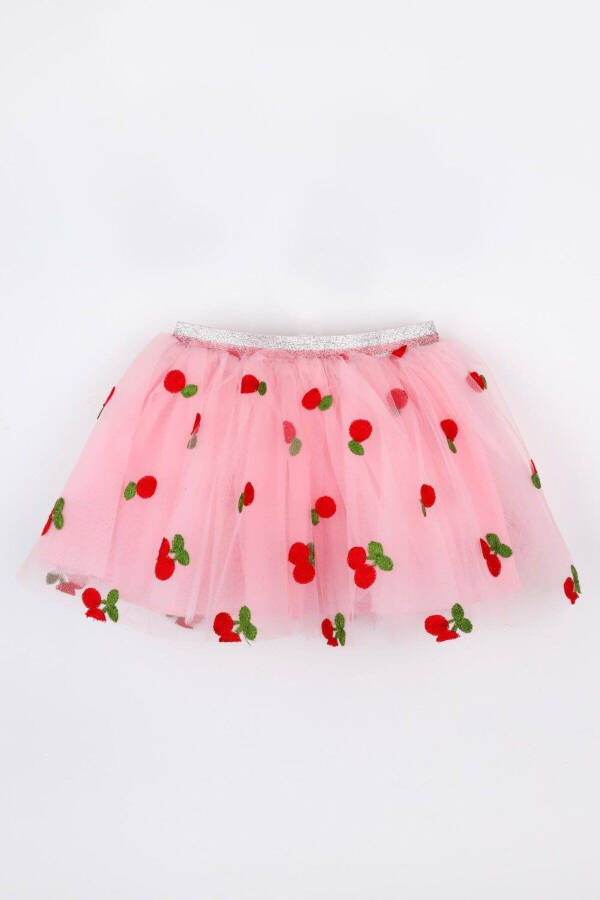 Pink Cherry Embroidered Girls Tulle Skirt - 5